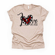 Valentine's Day, Christian Tee, Love Like Jesus, Plaid Heart Love design, premium unisex shirt, 3 color choices, 3x valentine, 4x valentine