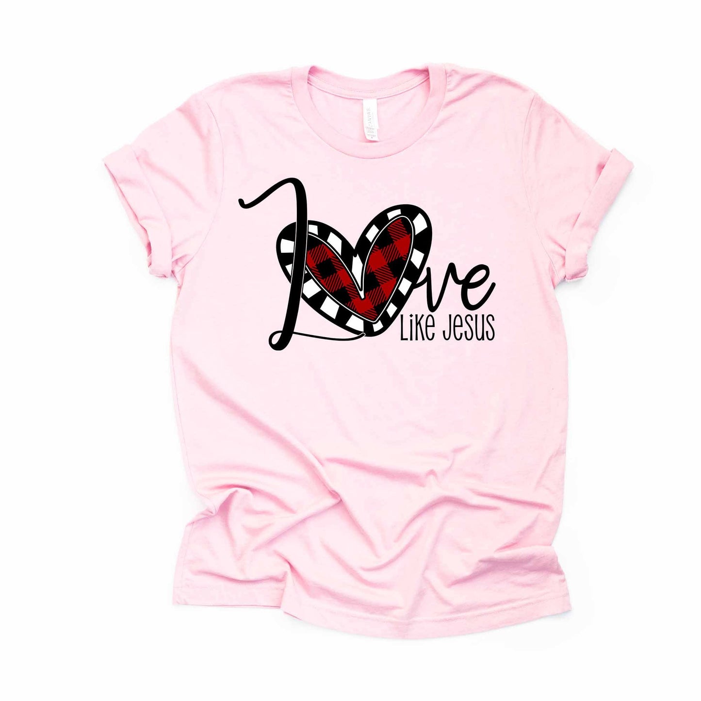 Valentine's Day, Christian Tee, Love Like Jesus, Plaid Heart Love design, premium unisex shirt, 3 color choices, 3x valentine, 4x valentine