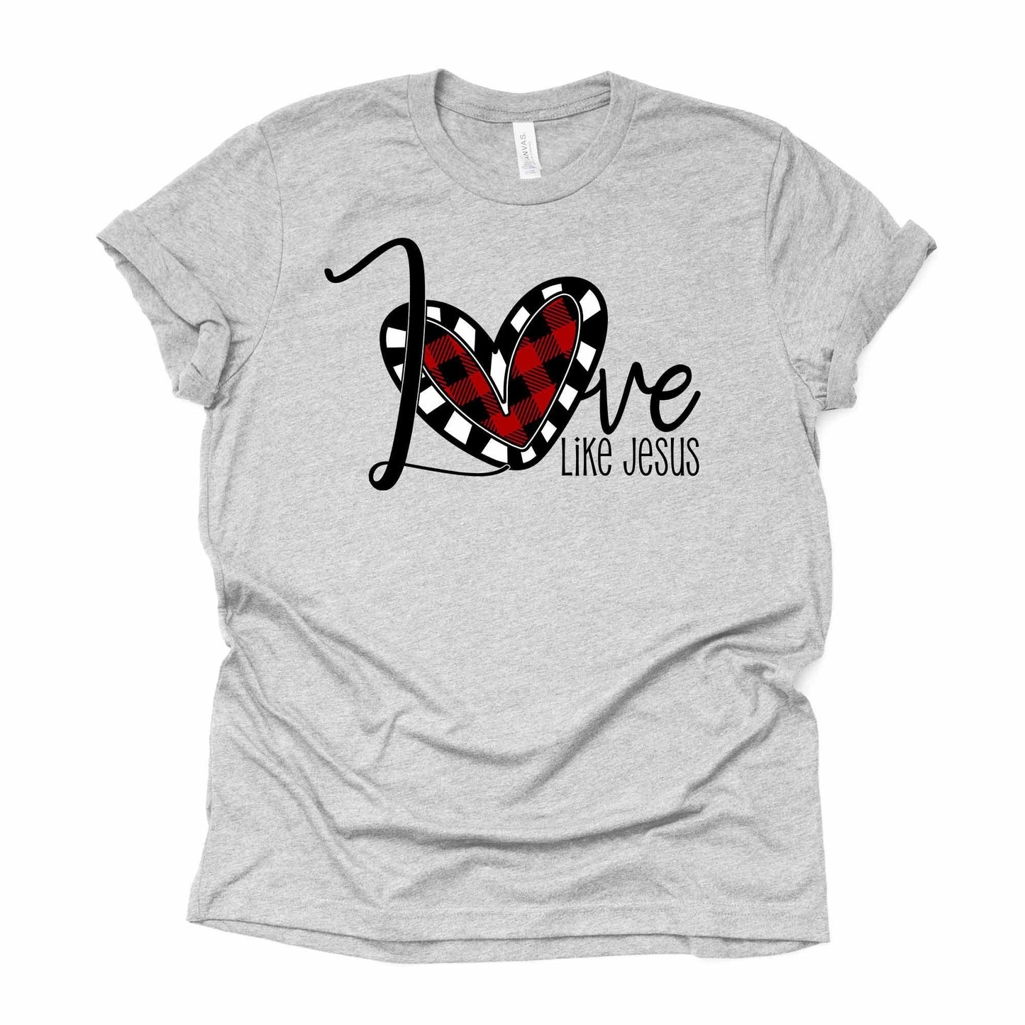 Valentine's Day, Christian Tee, Love Like Jesus, Plaid Heart Love design, premium unisex shirt, 3 color choices, 3x valentine, 4x valentine