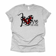 Valentine's Day, Christian Tee, Love Like Jesus, Plaid Heart Love design, premium unisex shirt, 3 color choices, 3x valentine, 4x valentine