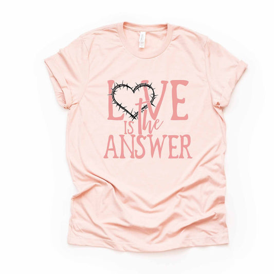 Christian Tee, Love Is The Answer, Crown of Thorns Heart, Jesus Is Love design, premium unisex shirt, 3 color choices, 2X, 3X, 4X, plus size