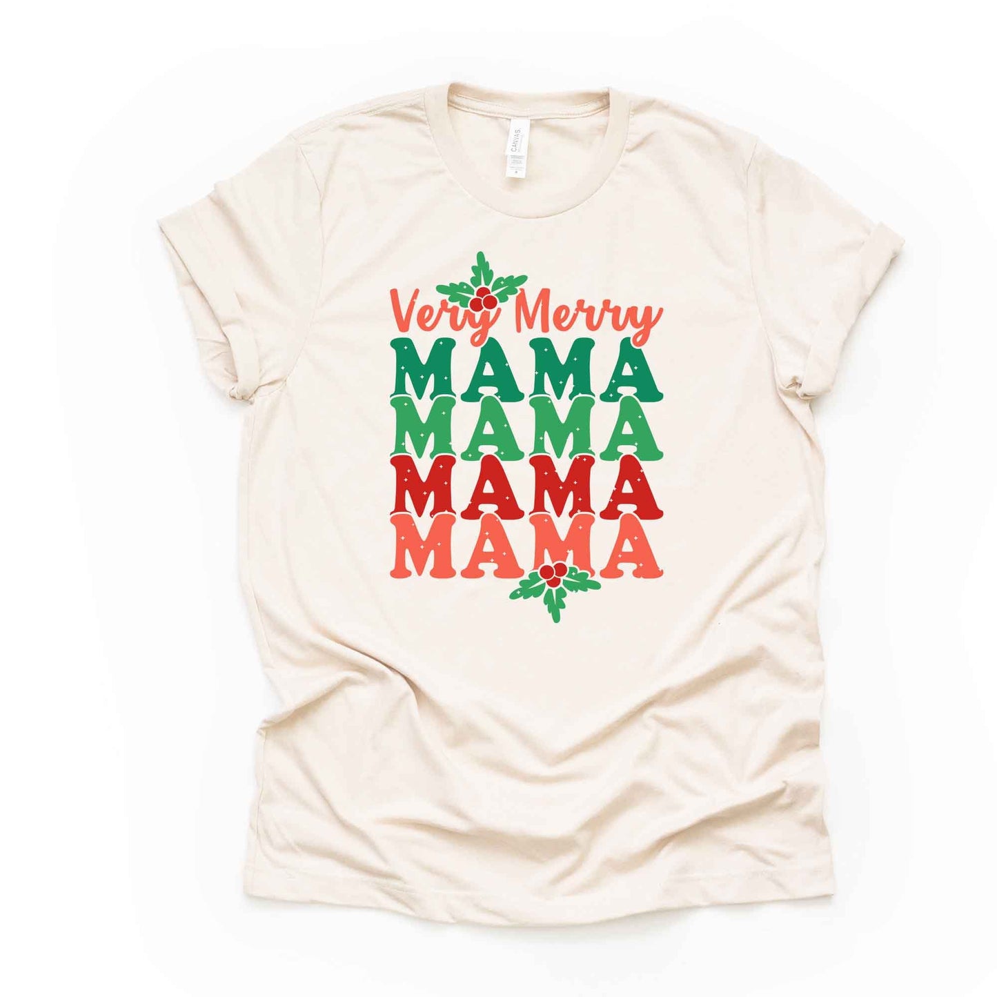 Christmas Tee, Cute 70s Style Very Merry MAMA, Retro Merry Mama Design on premium unisex shirt, 2 color choices, plus sizes available