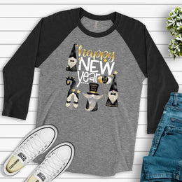 Happy New Year Raglan, Super Fun New Year Gnomes, Happy New Year Gnomes Design on premium Raglan 3/4 sleeve shirt, plus size, 2X, 3X