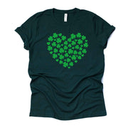 St Patrick's Day Tee, Super Fun Shamrocks in a Heart Design on premium unisex tee, 2 color choices, 2X, 3X, 4X, plus sizes available