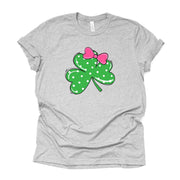 St Patrick's Day Tee, Cute Polka Dot Shamrock with Pink Bow Design on premium unisex tee, 3 color choices, 2X, 3X, 4X, plus sizes available