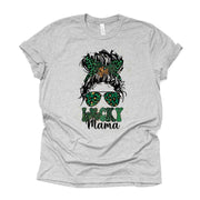 St Patrick's Day Tee, St Patrick's Day Messy Bun Lucky Mama Design, premium unisex tee, 3 color choices, 3x st patricks, 4x tee
