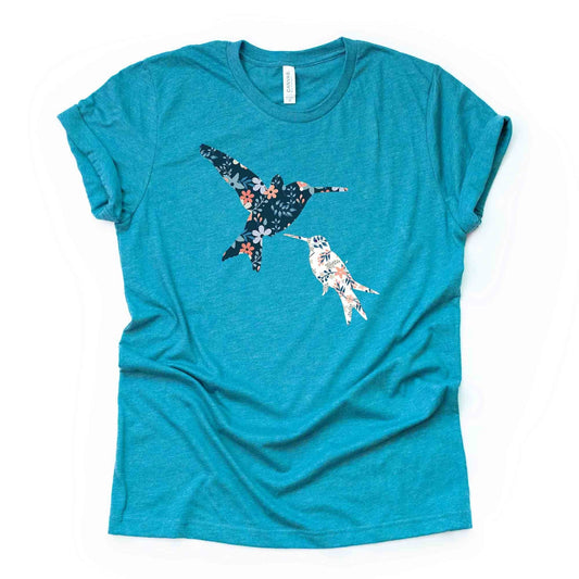 Spring Floral Tee, Super Cute Floral Print Hummingbirds Design on premium unisex shirt, 3 color choices, 3x hummingbird, 4x hummingbird