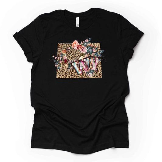 Wyoming Tee, Super Cute Leopard Print Wyoming Design on premium Bella + Canvas unisex shirt, 3 color choices, plus sizes available