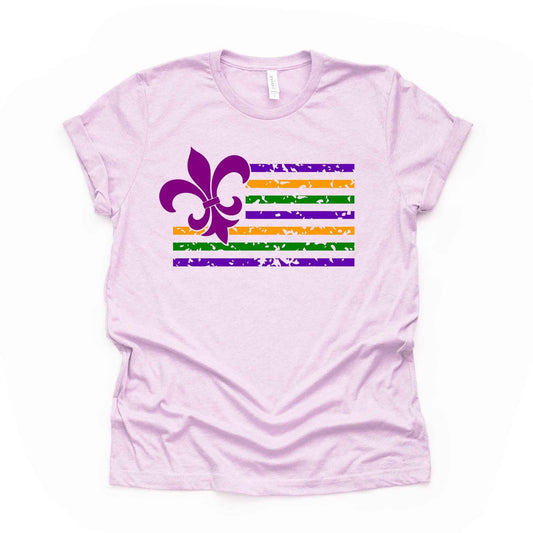 Mardi Gras Tee, Cute Mardi Flag with Fleur De Leis Design, premium unisex shirt, 3 color choices, 3x mardi gras, 4x mardi gras, plus size