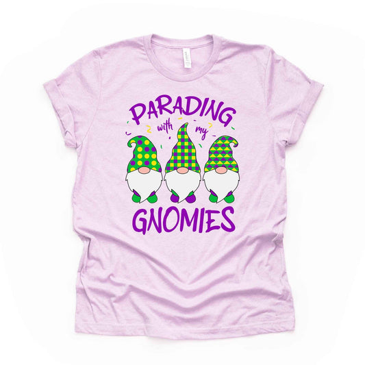 Mardi Gras Gnomes Tee, Cute Parading with My Gnomies Design, premium unisex shirt, 3 color choice, 3x mardi gras, 4x mardi gras, plus size