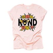 Be Kind Tee, Cute Bee and Flowers, BEE KIND, Floral Bee Shirt Design on premium unisex shirt, 3 color choices, 3x be kind, 4x be kind