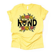 Be Kind Tee, Cute Bee and Flowers, BEE KIND, Floral Bee Shirt Design on premium unisex shirt, 3 color choices, 3x be kind, 4x be kind