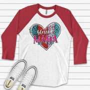 Valentine Raglan, Cute Neon Leopard Print Heart, Blessed Mama, Valentine Mom Design on premium Raglan 3/4 sleeve shirt, plus size, 2X, 3X