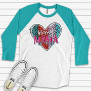 Valentine Raglan, Cute Neon Leopard Print Heart, Blessed Mama, Valentine Mom Design on premium Raglan 3/4 sleeve shirt, plus size, 2X, 3X