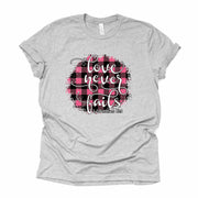 Love Never Fails, Pink Buffalo Plaid, 1 Corinthians 13:8 Design, premium unisex tee, 3 color choices, 3x valentine, 4x valentine, plus size
