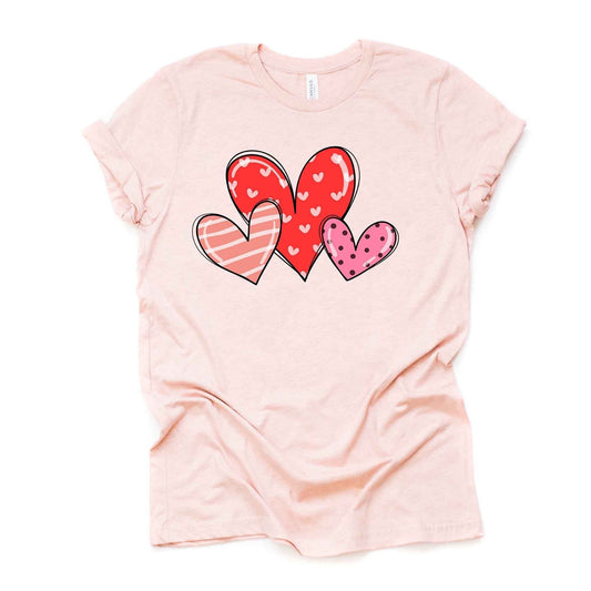 Cute Valentine Hearts, Striped & Polka Dot Modern Hearts Design on premium unisex shirt, 3 color choices, 2X, 3X, 4X, plus sizes available