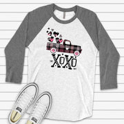 Valentine's Day Raglan, Cute Pink Plaid Truck XOXO Valentine Design on premium Raglan 3/4 sleeve shirt, plus size, 2X, 3X