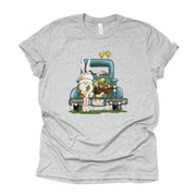 Easter Tee, Easter Gnome in Old Blue Truck, Easter Bunny Design, premium unisex shirt, 5 color choices, 2X, 3X, 4X, plus sizes available