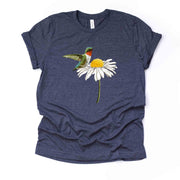 Hummingbird Tee, Beautiful Ruby Red Throated Hummingbird on Daisy Design, premium unisex shirt, 4 color choices, plus sizes available
