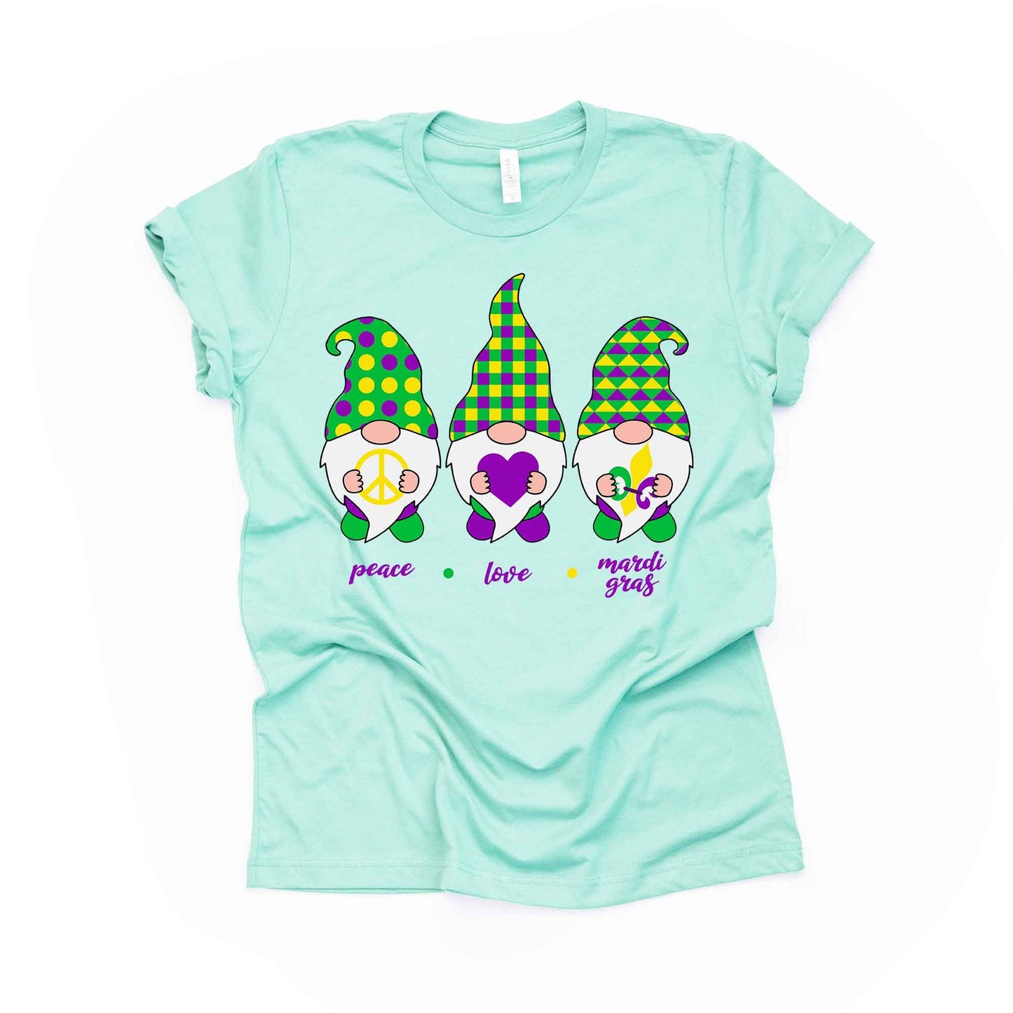 Mardi Gras Gnome Tee, PEACE LOVE Mardi Gras with Beads Design on premium unisex shirt, 3 color choices, 2X, 3X, 4X, plus sizes available