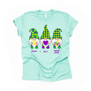 Mardi Gras Gnome Tee, PEACE LOVE Mardi Gras with Beads Design on premium unisex shirt, 3 color choices, 2X, 3X, 4X, plus sizes available