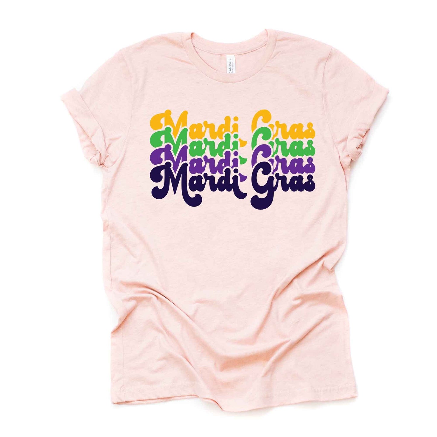 Retro Style Mardi Gras Tee, 70s Repeating Mardi Gras Design, premium unisex shirt, 3 color choices, 3x mardi gras, 4x mardi gras, plus size