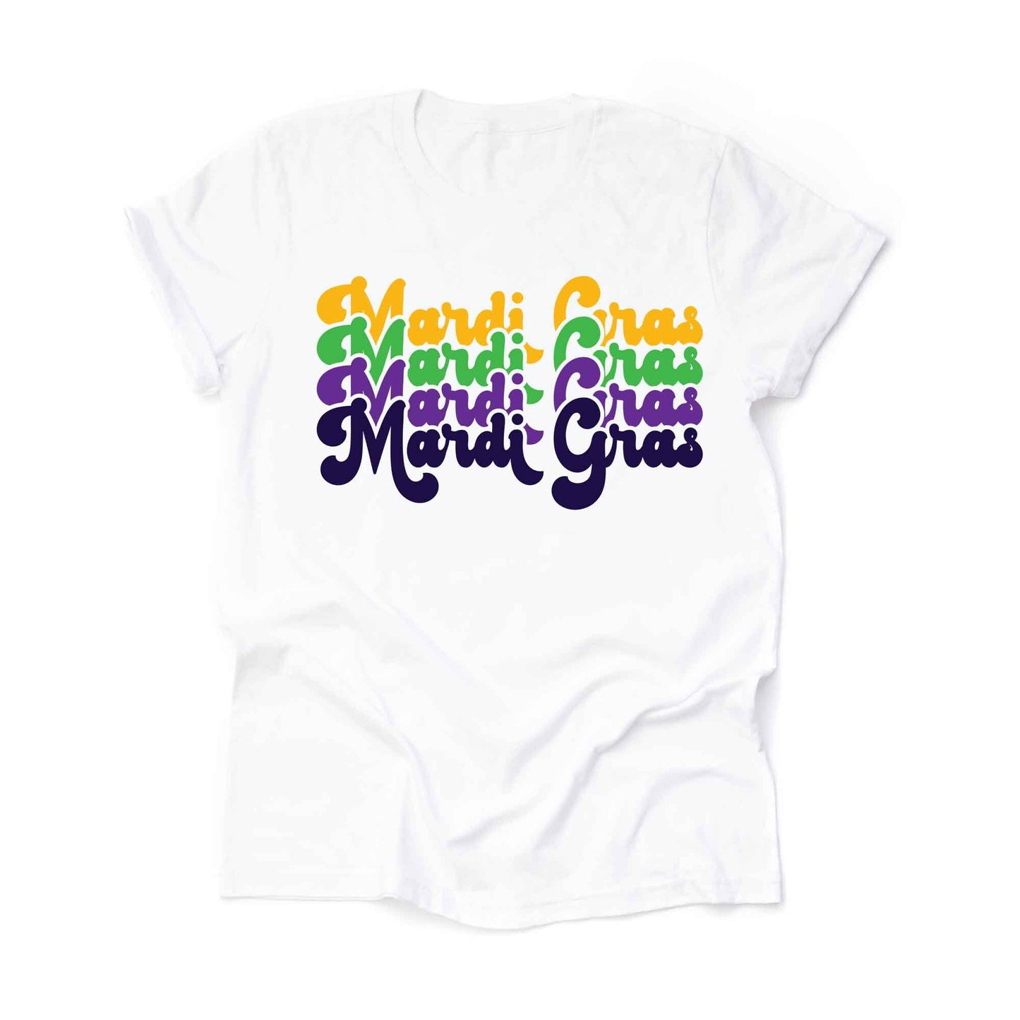Retro Style Mardi Gras Tee, 70s Repeating Mardi Gras Design, premium unisex shirt, 3 color choices, 3x mardi gras, 4x mardi gras, plus size