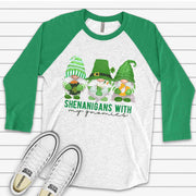 St. Patrick's Day Raglan, Shenanigans with My Gnomies, St Patrick Gnomes Design on premium Raglan 3/4 sleeve shirt, plus size, 2X, 3X
