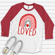 Valentine's Day Raglan, Cute Valentine Rainbow with LOVE, Pink and Red Rainbow on premium Raglan 3/4 sleeve shirt, plus size, 2X, 3X