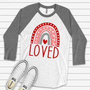 Valentine's Day Raglan, Cute Valentine Rainbow with LOVE, Pink and Red Rainbow on premium Raglan 3/4 sleeve shirt, plus size, 2X, 3X