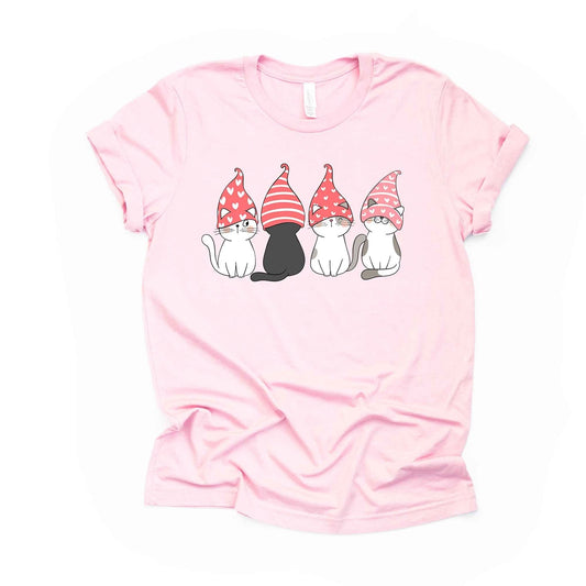 Cute Valentine Cats in a Row, Four Valentine Cats in Gnome Hats design, premium unisex shirt, 3 color choices, 3x valentine, 4x valentine