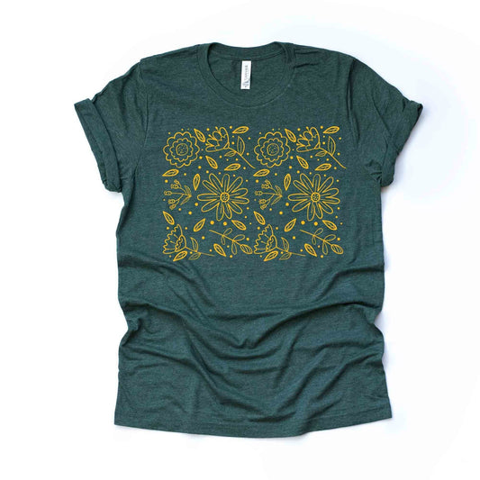 Yellow Wildflowers, Simple Wildflower Drawing in Yellow, Silhouette of Wildflowers Design on premium unisex shirt, 3 color choices, 3x, 4x