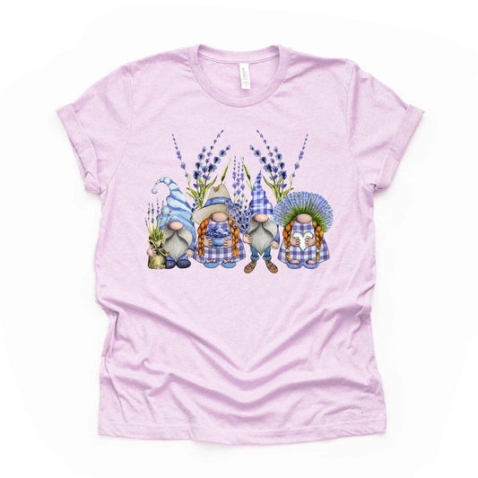 Lavendar Flowers, Cute Lavendar and Gnomes, Spring Lavendar Gnomes Design, premium unisex shirt, 3 color choices, plus sizes available