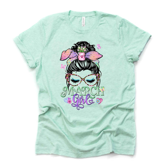 March Birthday Girl, Messy Bun March Birthday Design on premium unisex shirt, 4 color choices, 3x march, 4x march, birthday tee, march bday