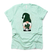 St Patrick's Day Tee, Cute Green Buffalo Plaid Gnome with Clover Design, premium unisex tee, 3 color choices, 3x st patricks, 4x tee