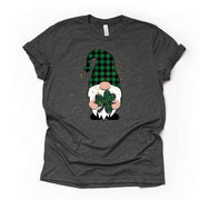 St Patrick's Day Tee, Cute Green Buffalo Plaid Gnome with Clover Design, premium unisex tee, 3 color choices, 3x st patricks, 4x tee