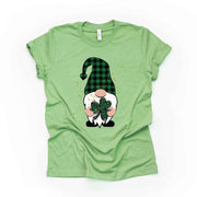 St Patrick's Day Tee, Cute Green Buffalo Plaid Gnome with Clover Design, premium unisex tee, 3 color choices, 3x st patricks, 4x tee