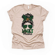 St Patrick's Day Tee, St Patrick's Day Messy Bun Lucky Mama Design, premium unisex tee, 3 color choices, 3x st patricks, 4x tee
