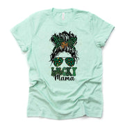 St Patrick's Day Tee, St Patrick's Day Messy Bun Lucky Mama Design, premium unisex tee, 3 color choices, 3x st patricks, 4x tee