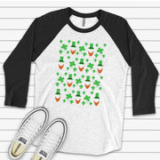 St Patrick's Day Raglan, Cute St Patrick's Day Leprechaun Hat and Beard, Clover Design on premium Raglan 3/4 sleeve shirt, plus size, 2X, 3X