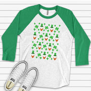 St Patrick's Day Raglan, Cute St Patrick's Day Leprechaun Hat and Beard, Clover Design on premium Raglan 3/4 sleeve shirt, plus size, 2X, 3X