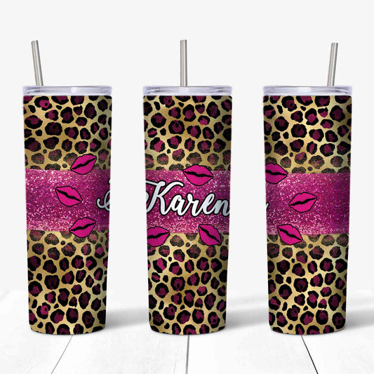 PERSONALIZE this 20 oz Skinny Tumbler, Leopard Print and Lips, Custom Name Tumbler, Gift for Valentine's Day, 20 oz Stainless Steel Tumbler