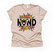 Be Kind Tee, Cute Bee and Flowers, BEE KIND, Floral Bee Shirt Design on premium unisex shirt, 3 color choices, 3x be kind, 4x be kind