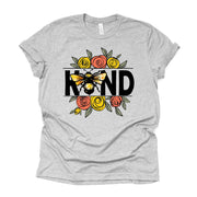 Be Kind Tee, Cute Bee and Flowers, BEE KIND, Floral Bee Shirt Design on premium unisex shirt, 3 color choices, 3x be kind, 4x be kind