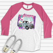 Easter Raglan, Happy Easter, Retro Truck Easter Design on premium Raglan 3/4 sleeve shirt, plus size, 2x easter raglan, 3x easter raglan