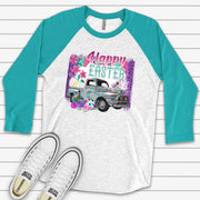 Easter Raglan, Happy Easter, Retro Truck Easter Design on premium Raglan 3/4 sleeve shirt, plus size, 2x easter raglan, 3x easter raglan