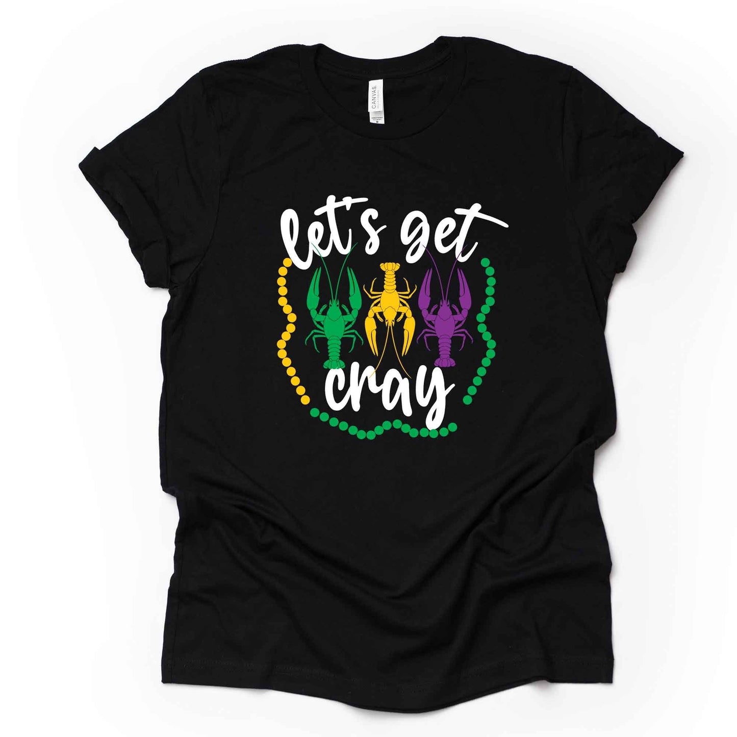 Mardi Gras Gnome Tee, Mardi Gras Let's Get Cray Crawfish Design on premium unisex shirt, 3 color choices, 3x Mardi Gras, 4x Mardi Gras