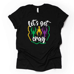 Mardi Gras Gnome Tee, Mardi Gras Let's Get Cray Crawfish Design on premium unisex shirt, 3 color choices, 3x Mardi Gras, 4x Mardi Gras