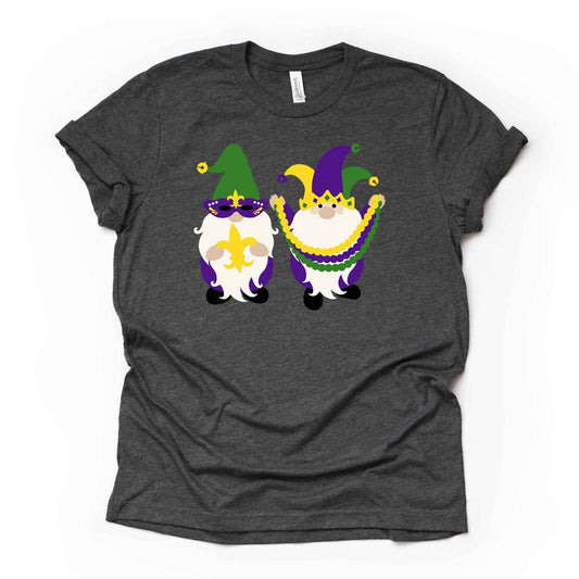 Mardi Gras Gnome Tee, Two Super Cute Mardi Gras Gnomes Design on premium unisex shirt, 3 color choices, 3x Mardi Gras, 4x Mardi Gras