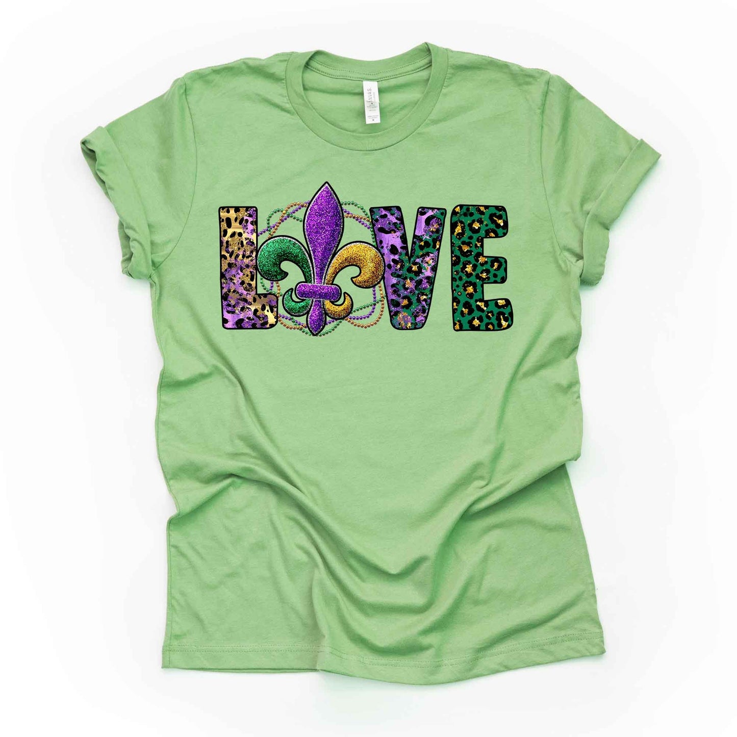 Mardi Gras Gnome Tee, Animal Print LOVE with Fleur De Lis Design on premium unisex shirt, 3 color choices, 3x Mardi Gras, 4x Mardi Gras